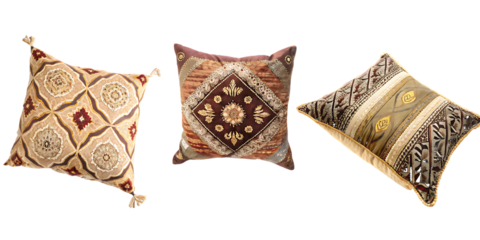 Three decorative throw pillows on white background isolated on a transparent background decorative pillows