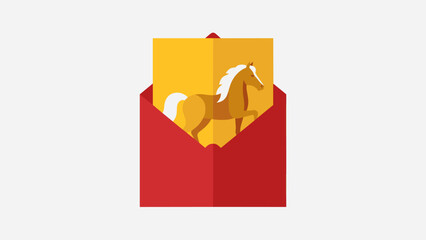 A red envelope containing a golden card with a stylized brown horse illustration in flat design.