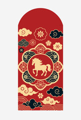 Red envelope with golden horse and traditional Chinese patterns for Lunar New Year celebration.
