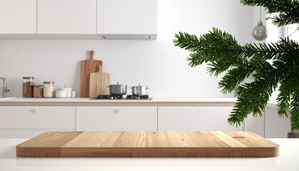 A modern white kitchen countertop with festive garland, pinecones, utensils, pasta jar, and a glimpse of a decorated Christmas tree, evoking seasonal warmth and minimalist elegance.