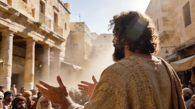 AI genereted video of Apostle Paul Preaching the Gospel to a Diverse Crowd of Gentiles in an Ancient Greek Agora: Historical Biblical Scene.
