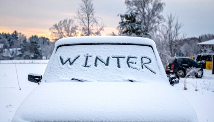 Snow-covered windshield with “WINTER” handwritten in snow, forest and parked car in background.