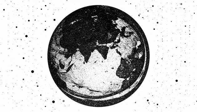 Stylized Earth composition with North America and mountain terrain in black, white, and blue on cosmic background. - Powered by Adobe