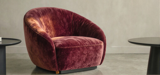 A modern burgundy velvet armchair with a rounded design, positioned between two black side tables in a minimalist room.