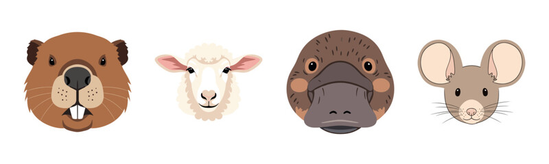 Obraz premium Cartoon animal faces: beaver, sheep, platypus, mouse - cute and whimsical designs