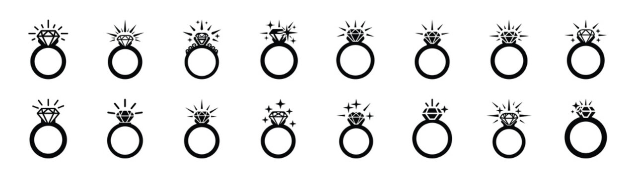 A set of engagement ring sparkle minimal flat vector icon set. valentines day design element.