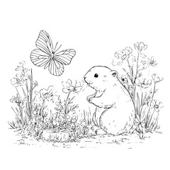 Mole Looking Up at Butterfly in Garden