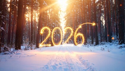 Snowy forest path at twilight with glowing “2026” light painting in center.