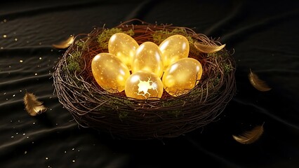 A magical nest holds several glowing golden eggs, one cracked open and radiating light. 401k nest for long term financial security
