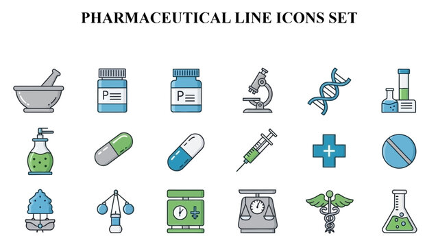 A colorful collection of essential pharmacy and medical laboratory icons representing healthcare science diagnostics research and drug development concepts isolated on black