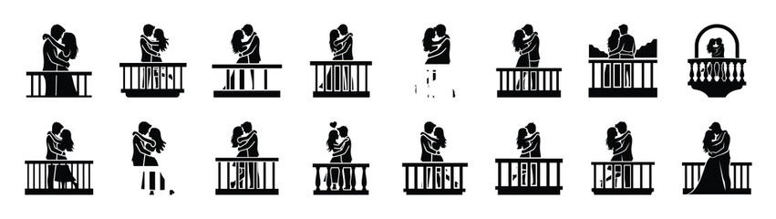 A set of romantic balcony couple minimal flat vector icon set. valentines day design element.