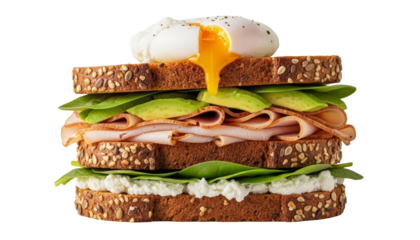 Three-layer whole grain sandwich with avocado slices, smoked turkey, poached egg, spinach, and cream cheese isolated on transparent background