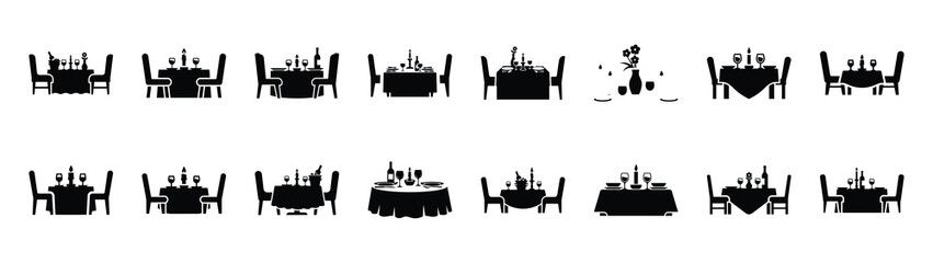 A set of romantic dinner table minimal flat vector icon set. valentines day design element.