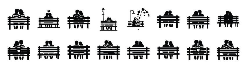 A set of romantic park bench minimal flat vector icon set. valentines day design element.