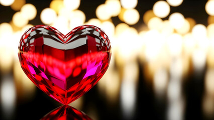A stunning red faceted heart gemstone on a dark background with golden bokeh lights.