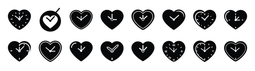 A set of valentine heart clock minimal flat vector icon set. valentines day design element.