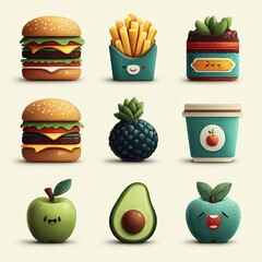 Flat style fast food and fruit emoji icon collection