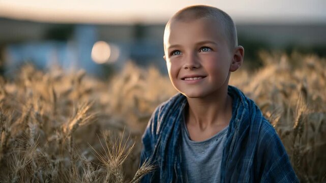 384Young bald child beams with optimism while standing among tall wheat stalks, soft morning light casting a warm glow, symbolizing courage and strength