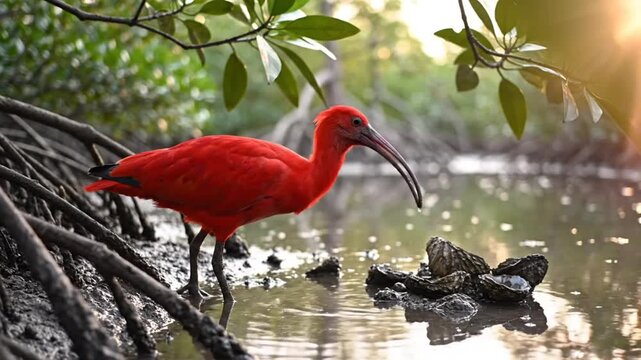 Scarlet Ibis Bird Foraging in Mangrove Forest Wetlands, Using its Long Beak to Find Food