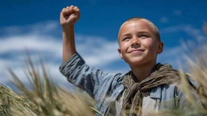 388Wide shot of a bald child in a field of waving wheat, bright blue sky above, hopeful expression capturing courage and positivity in the face of illness