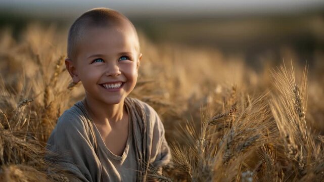 390Hairless child laughing gently in a sun-drenched wheat field, golden grains surrounding him, embodying resilience and joy despite health struggles