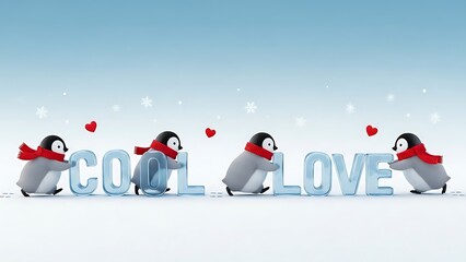Cute Penguins Assembling the Words COLOVE on Snow cool love winter