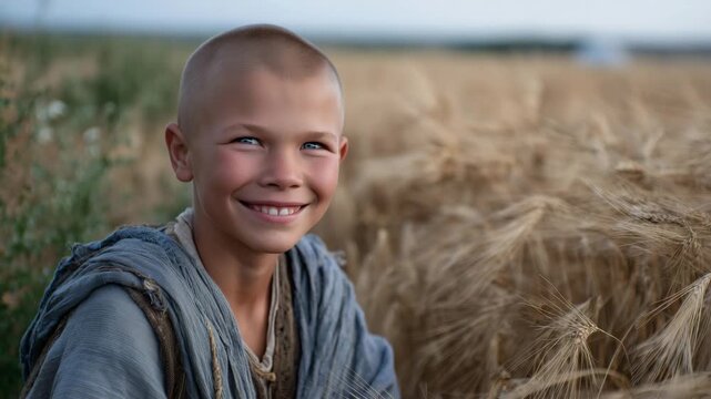 395Close-up of a cheerful hairless child in a golden field, gentle wind moves the wheat, his expression radiates hope and positivity despite medical challenges