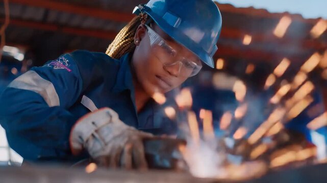 A Black woman manufacturing trainee welding metal components in a fabrication shop, sparks illuminating her face shield, steel beams and heavy tools around her, simple blank wall a
