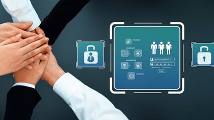 Diverse Business Team Collaborating on Cybersecurity Strategies with Digital Interface Elements for Data Protection and Online Security Awareness Gluon.