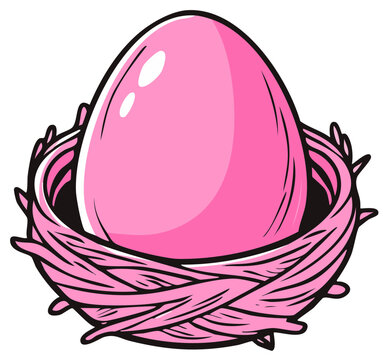 Large vibrant pink glossy egg resting inside a stylized graphic art nest design