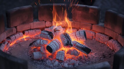 Burning firewood in a circular stone fire pit with glowing embers and bright flames