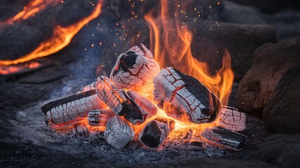 Burning wood logs with bright orange flames and white ash in a natural outdoor setting