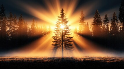 Golden sunrise over misty forest with sun rays through pine trees