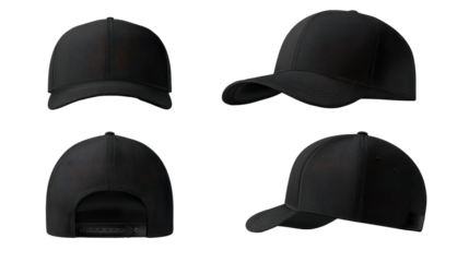 Black baseball cap viewed from multiple angles with simple design and no patterns for everyday use