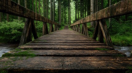 Rustic wooden bridge in serene forest landscape
