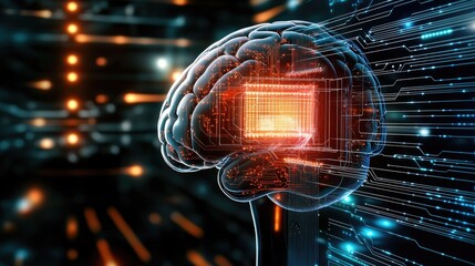 Human brain with glowing microchip implant for advanced technology