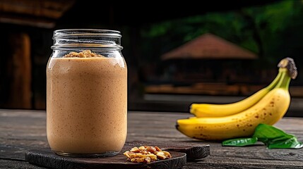 Delicious banana smoothie with nuts on wooden table