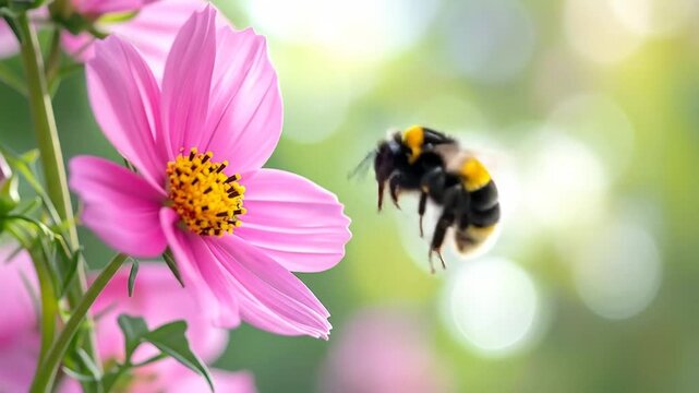 A vibrant pink flower with a yellow center and a bee in flight against a blurred green backdrop