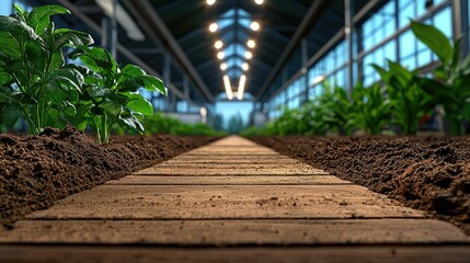 Lush green plants growing in modern greenhouse with wooden pathway