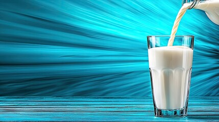 Milk being poured into a clear glass on a blue wooden table