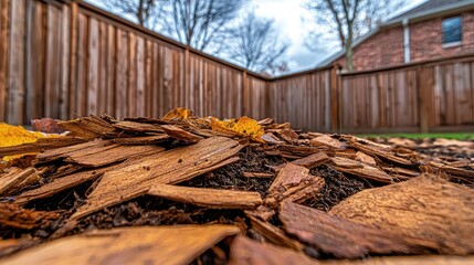 Mulch pile in backyard with wooden fence and house