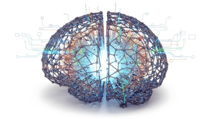 A 3D wireframe model of a brain with glowing blue interior