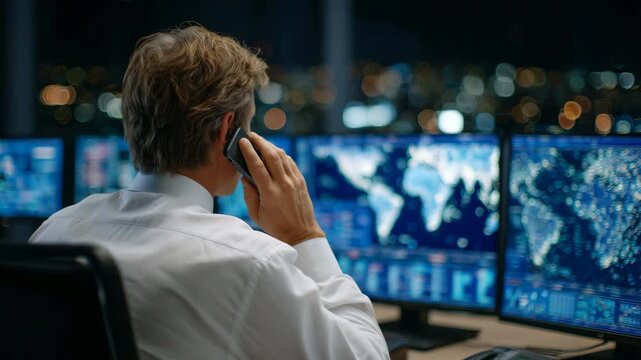 Back shot of a statesperson in a modern government office, speaking on the phone while multiple monitors show live geopolitical data, world borders, and crisis updates