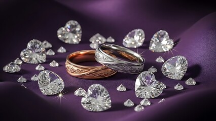 Naklejka premium Romantic Wedding Rings Surrounded by Sparkling Diamonds on Purple Silk engagement jewelry
