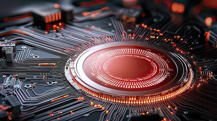 Close-up of glowing red circuit board with futuristic design