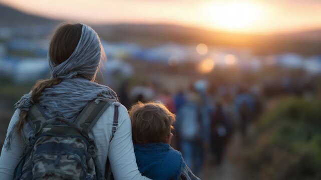 Back shot of displaced families walking with heavy backpacks and blankets, the woman and child closest to the viewer, heading toward a border post barely glowing under a fading sun