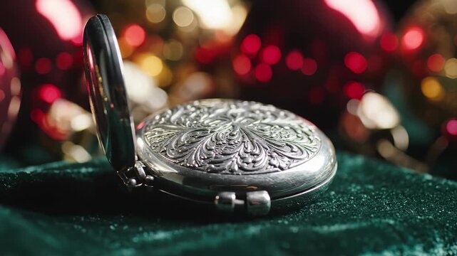 Antique silver locket with intricate floral engraving rests on velvet with bokeh lights