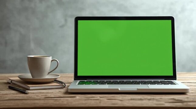 A blank silver laptop and a black coffee cup sit on an office desk, featuring an open portable computer screen and keyboard for digital business work and internet communication