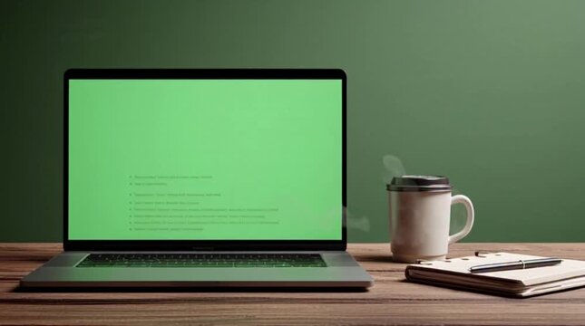 A professional desk setup featuring a black laptop and keyboard alongside a blank notebook and pen with a cup of coffee for a business technology break