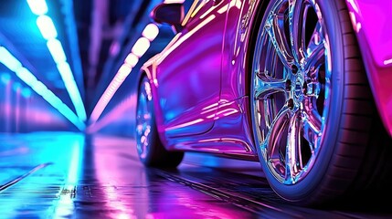Close-up of vibrant purple sports car wheel in modern garage